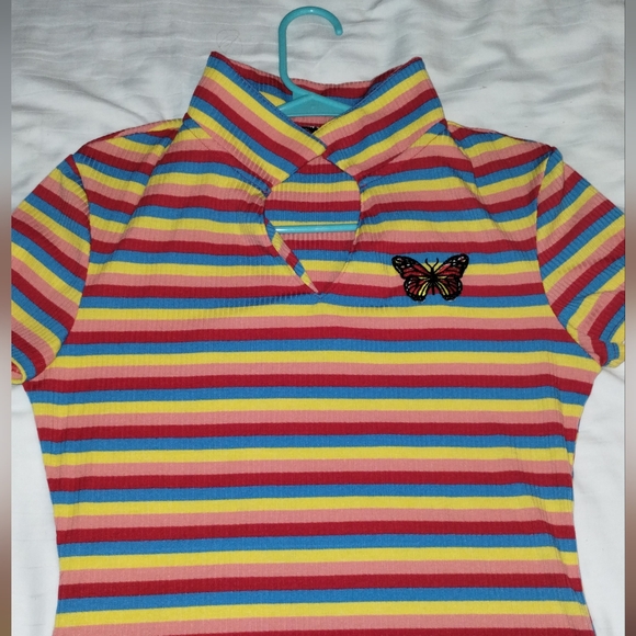 Rainbow Striped Bodycon Short Sleeve Dress with Butterfly Embroidery - Picture 2 of 10